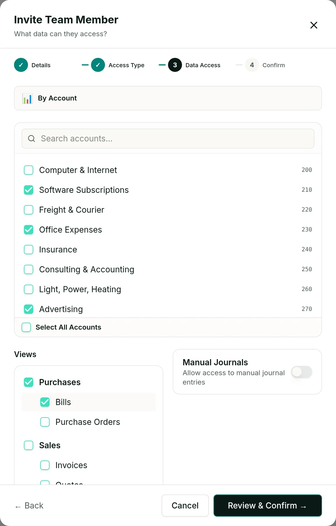 Scoping a team member by account in Vizii: a searchable chart-of-accounts list with Software Subscriptions, Office Expenses and Advertising ticked, and Purchases and Bills selected under Views